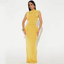 Solid Sleeveless Half Turtleneck High Elastic Ruched Maxi Dress