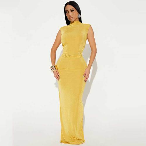 Solid Sleeveless Half Turtleneck High Elastic Ruched Maxi Dress