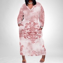 1 Custom Casual Printed Long Sleeve V Neck Plus Size Maxi Dress