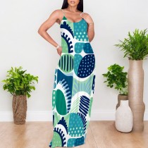 1 Custom Casual Printed Straps V Neck Long Dress