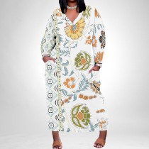 1 Custom Casual Printed Long Sleeve V Neck Plus Size Maxi Dress