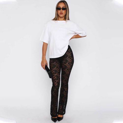 New Lace Pants See Through Stretch Flared Trousers