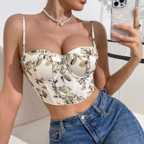 Retro Printed Floral Bra Women Floral Printed V-Neck Tube Top