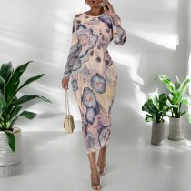 1 Custom Casual Printed Long Sleeve Scoop Neck Mid Dress