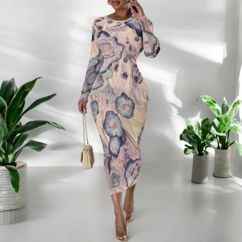 1 Custom Casual Printed Long Sleeve Scoop Neck Mid Dress