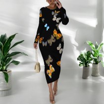 1 Custom Casual Printed Long Sleeve Scoop Neck Mid Dress