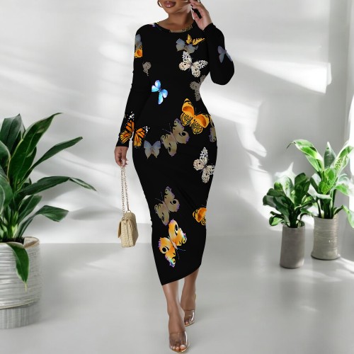 1 Custom Casual Printed Long Sleeve Scoop Neck Mid Dress