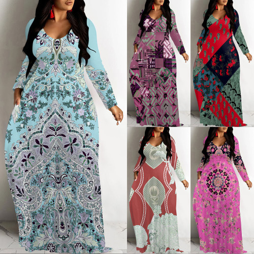 1 Custom Casual Printed Long Sleeve V Neck Long Dresses