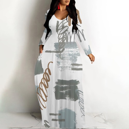 1 Custom Casual Printed Long Sleeve V Neck Long Dresses