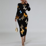1 Custom Casual Printed Long Sleeve Scoop Neck Mid Dress