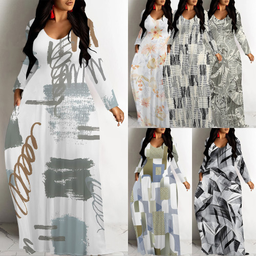 1 Custom Casual Printed Long Sleeve V Neck Long Dresses