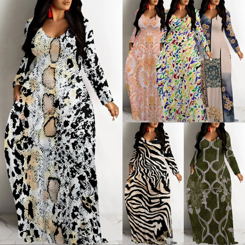 1 Custom Casual Printed Long Sleeve V Neck Long Dresses