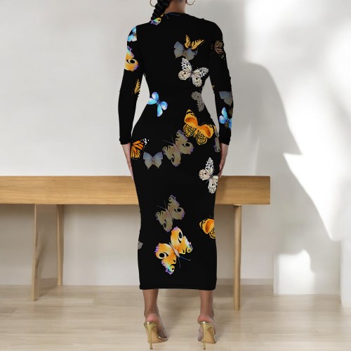 1 Custom Casual Printed Long Sleeve Scoop Neck Mid Dress