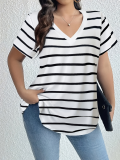 Woman Short Sleeve Shirt Black Striped Boat Neck Plus Size Top