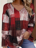 Plus Size Casual Tops Women's Patchwork Print Long Sleeve V Neck T-shirt