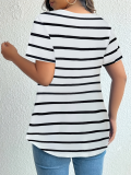 Woman Short Sleeve Shirt Black Striped Boat Neck Plus Size Top