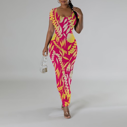 1 Custom Casual Printed Short Sleeve U Neck Long Dresses