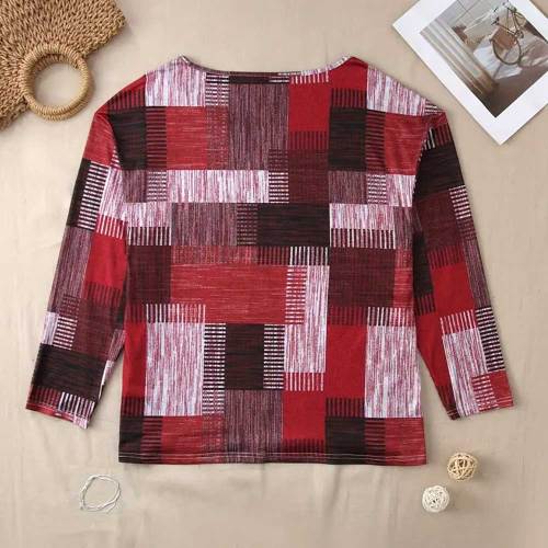 Plus Size Casual Tops Women's Patchwork Print Long Sleeve V Neck T-shirt