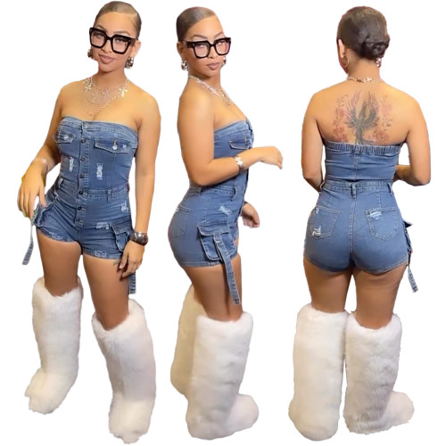 Sexy Tube High Elastic Washed Denim Jumpsuit with Three-dimensional Pocket