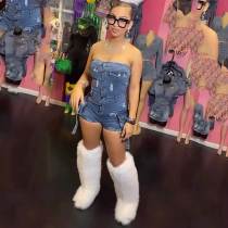 Sexy Tube High Elastic Washed Denim Jumpsuit with Three-dimensional Pocket