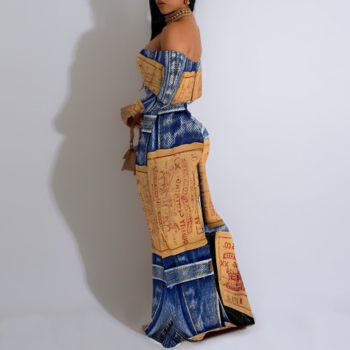 1 Custom Casual Digital Printing Off Shoulder Maxi Dress