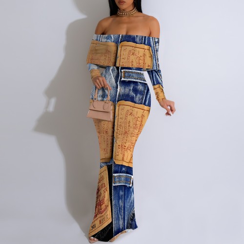 1 Custom Casual Digital Printing Off Shoulder Maxi Dress