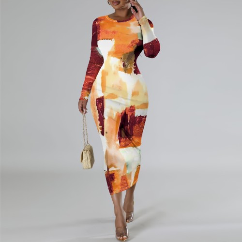 1 Custom Casual Digital Printing O Neck Long Sleeve Midi Dress