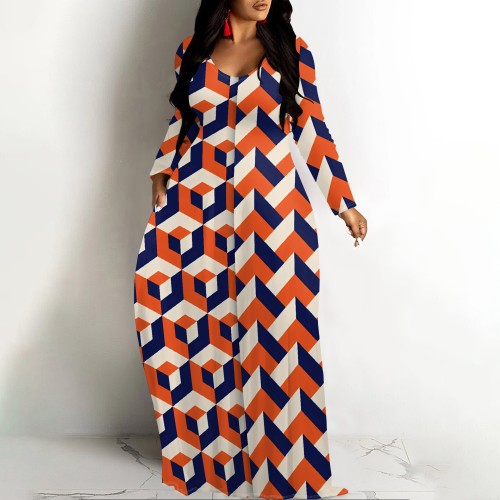 1 Custom Casual Digital Printing V Neck Long Dress with Pockets