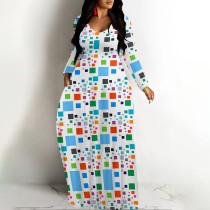 1 Custom Casual Digital Printing V Neck Long Dress with Pockets