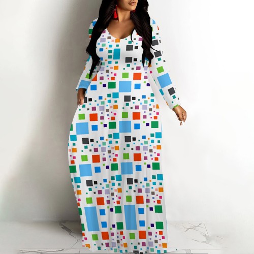 1 Custom Casual Digital Printing V Neck Long Dress with Pockets