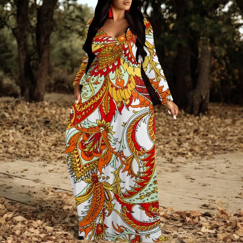 1 Custom Casual Digital Printing V Neck Long Dress with Pockets