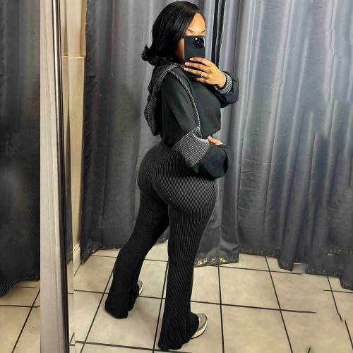 Twisted Stripe Sweatshirt Stitching Hooded Flared Pants Two-piece Set