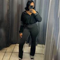 Twisted Stripe Sweatshirt Stitching Hooded Flared Pants Two-piece Set