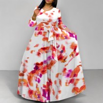 1 Custom Casual Digital Printing 3/4 Sleeve V-Neck Long Dress