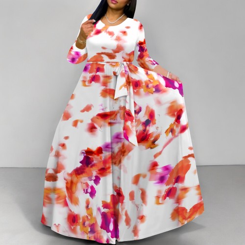 1 Custom Casual Digital Printing 3/4 Sleeve V-Neck Long Dress