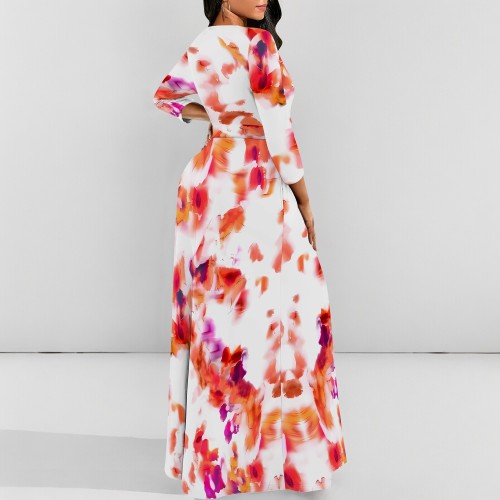 1 Custom Casual Digital Printing 3/4 Sleeve V-Neck Long Dress
