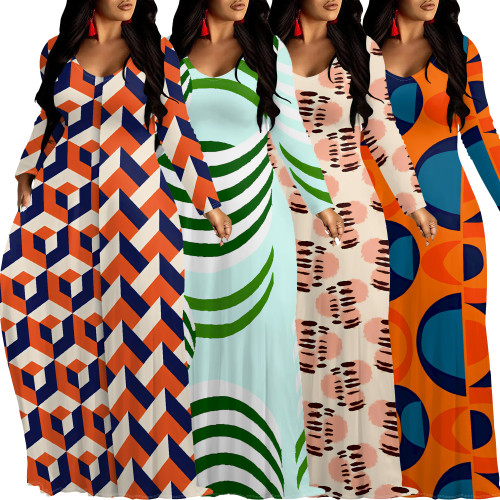 1 Custom Casual Digital Printing V Neck Long Dress with Pockets