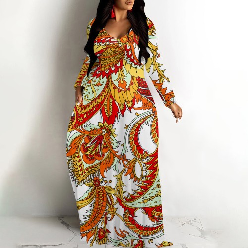 1 Custom Casual Digital Printing V Neck Long Dress with Pockets