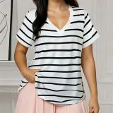 Woman Short Sleeve Shirt Black Striped Boat Neck Plus Size Top
