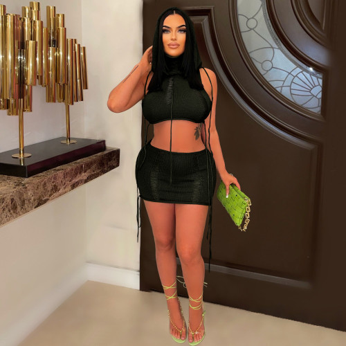 Summer 2 Piece Crochet Knit Hoodie Crop Top Bodycon Mini Skirts Club Wear