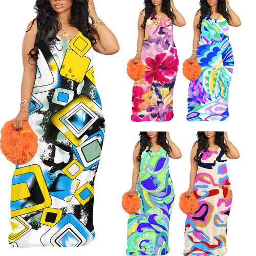 1 Custom Casual Digital Printing O Neck Straps Long Dresses