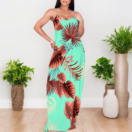 1 Custom Casual Digital Printing V Neck Straps Long Dresses