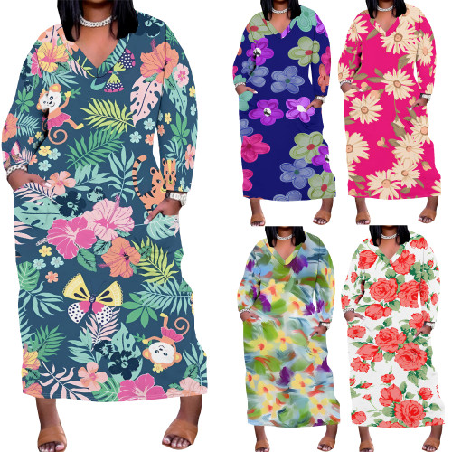 1 Custom Casual Digital Printing V Neck Plus Size Maxi Dresses With Pockets