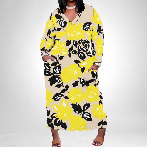 1 Custom Casual Digital Printing V Neck Plus Size Maxi Dresses With Pockets