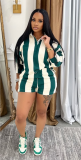 Casual Striped Lapel Top High Waist Shorts Set