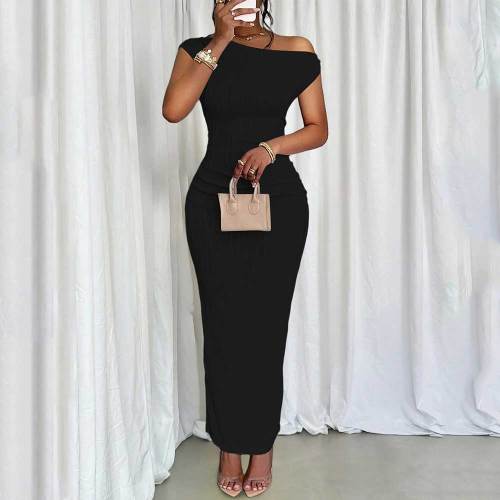 Solid Color Ripple Sleeveless Sloping Shoulder Long Dress
