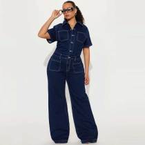 Loose Elastic Bodysuit Wide Leg Pants Flare Washed Short Sleeve Denim Jumpsuit