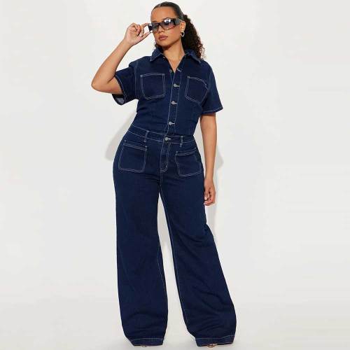 Loose Elastic Bodysuit Wide Leg Pants Flare Washed Short Sleeve Denim Jumpsuit