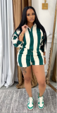 Casual Striped Lapel Top High Waist Shorts Set