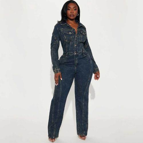 Loose Elastic Washed Long Sleeve Patchwork Denim Jumpsuit